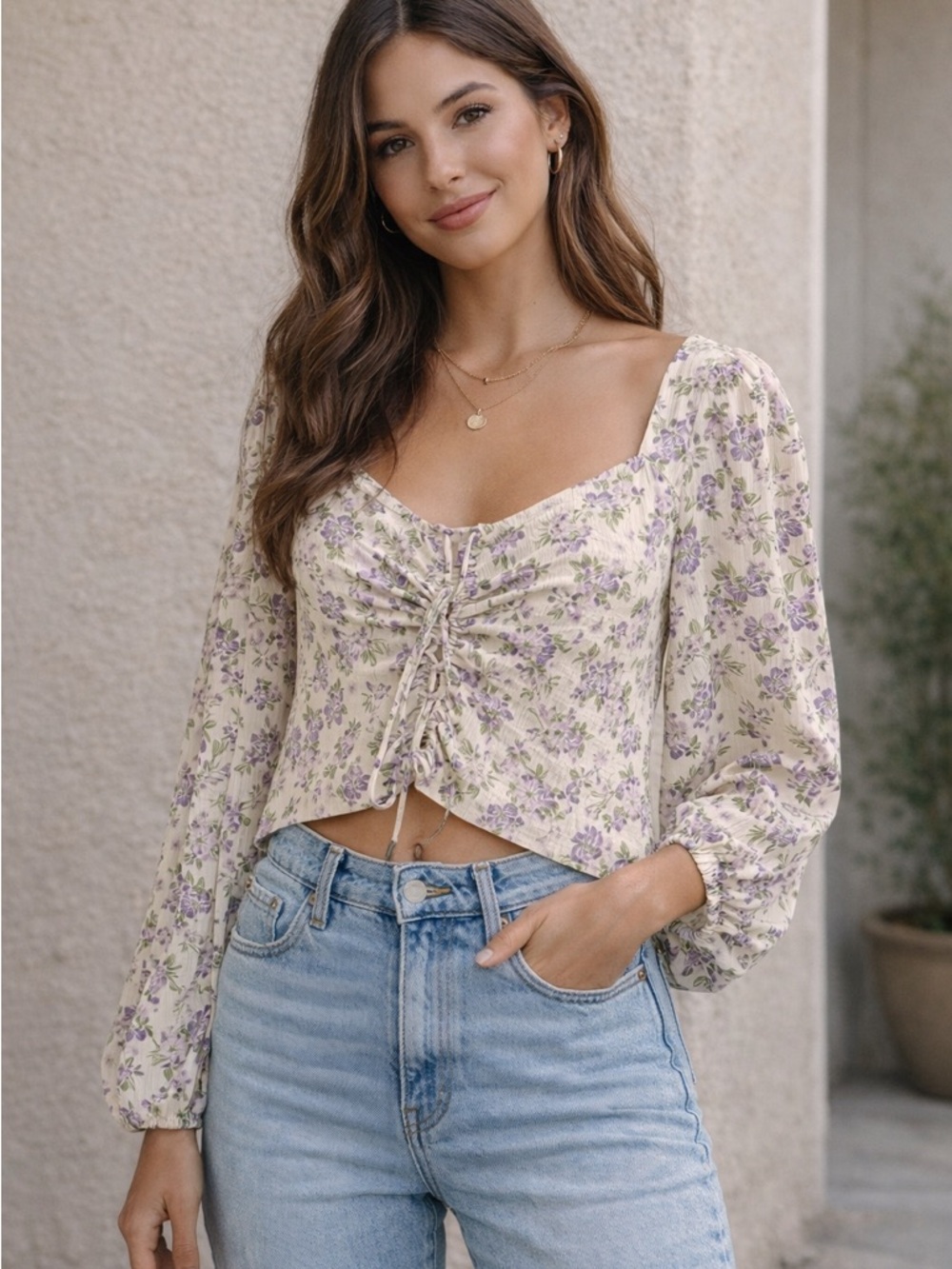 Lush • NWT Floral Lace-Up Square Neck Crop Top - Lavender on Cream
